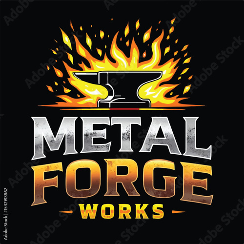 Metal Forge Works Logo with Fiery Anvil and Flames on Dark Background