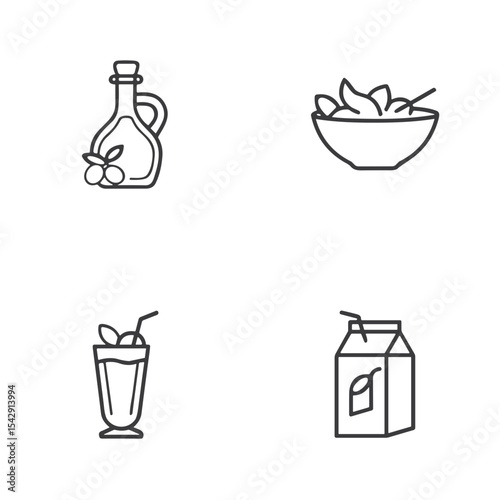 Healthy Food Icon Set with Olive Oil, Smoothie, Fresh Salad and Juice for Nutrition Apps, Wellness Blogs, Diet Plans, Recipe Websites, Fitness Programs and Health Education Materials