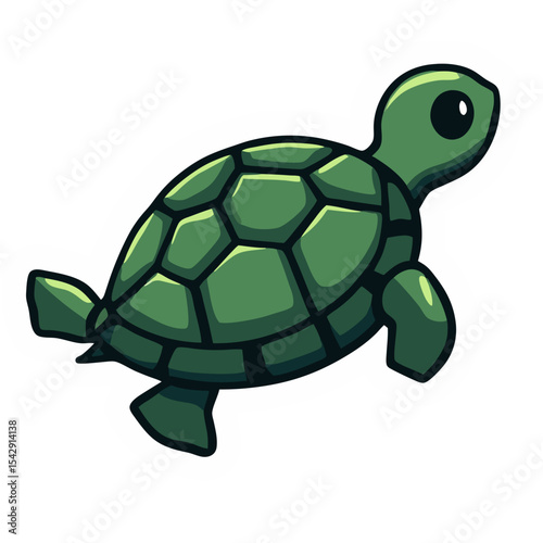 Cartoon illustration of a green turtle with a white border isolated on black background