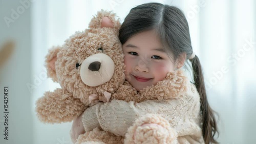 Asian little girl holding cute teddy bear at home. Cute girl hugs her friend the bear in living room. hugging bear
