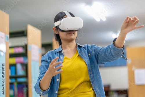 Young Woman Exploring Virtual Reality in Library