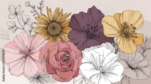 Wallpaper Mural Single flower doodles drawing vector illustration. Spring flower outline set including a rose, sunflower daisy, hibiscus, peony, camellia, morning glory, etc. Torontodigital.ca