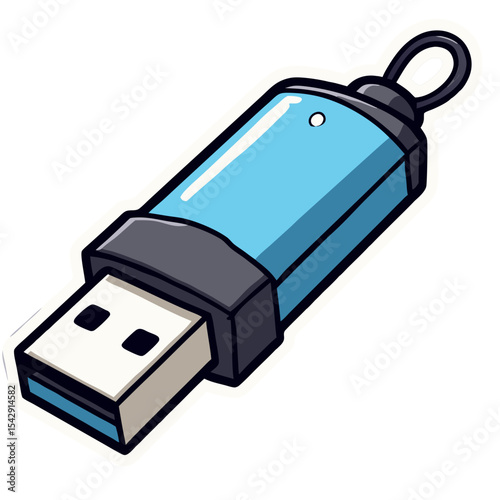Cartoon illustration of a blue usb flash drive on a black background for data storage
