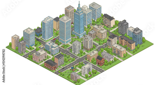 Isometric cityscape design featuring modern urban architecture and lush green spaces vector illustration