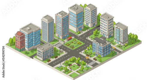 Isometric cityscape with modern buildings and green spaces for urban design vector illustration