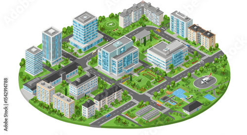 Isometric urban hospital district with medical facilities and helicopter landing vector illustration