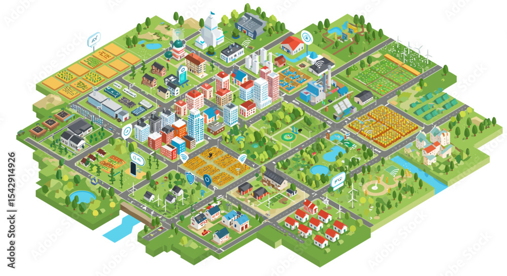 Isometric smart city design with sustainable energy and green spaces vector illustration