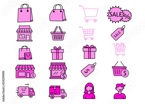 Shopping cart, basket, bag icon set. Linear shop icon set pink color