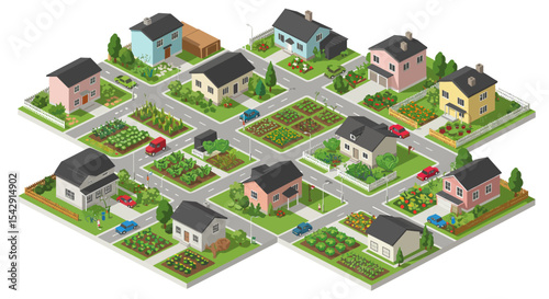 Charming suburban neighborhood with houses and gardens in sunny setting for urban planning concepts vector illustration