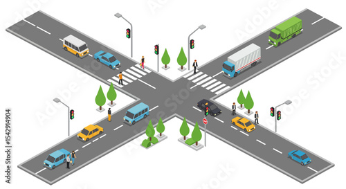 Isometric urban intersection with cars and pedestrians at traffic lights for city planning design vector illustration