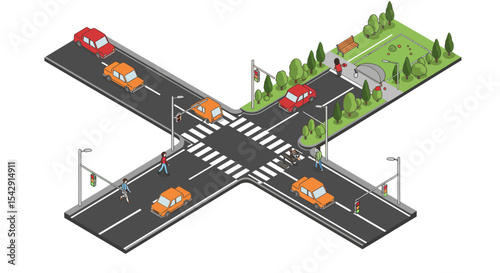 Isometric city intersection with pedestrians and cars near urban park vector illustration
