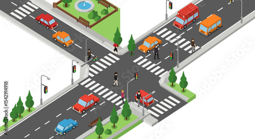 Urban intersection with pedestrian crosswalks in isometric view vector illustration