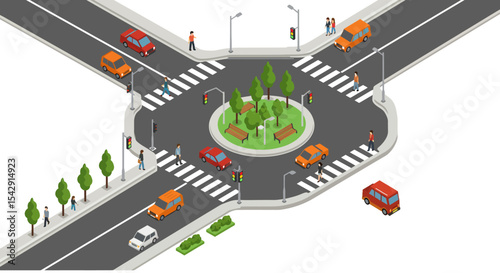 Urban intersection with trees and pedestrians in isometric design for city planning vector illustration