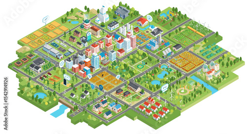 Isometric smart city design with sustainable energy and green spaces vector illustration