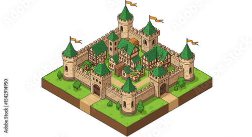 Medieval castle with green towers and flags on isometric landscape for game design vector illustration