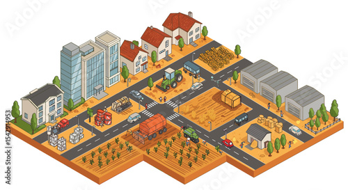 Isometric rural community with farm equipment and industrial warehouses vector illustration