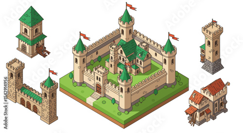 Medieval castle and fortress elements for game design and architecture concepts vector illustration