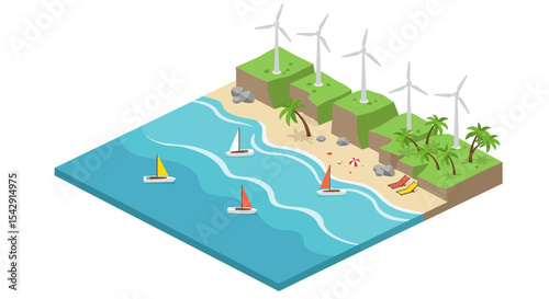 Coastal renewable energy and recreation with sailboats and wind turbines vector illustration