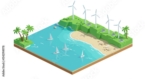 Renewable energy and sustainable coastal scene with solar and wind power vector illustration
