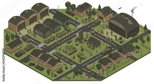 Isometric military base scene with tanks and soldiers in urban environment vector illustration