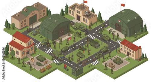 Isometric military base scene with soldiers, vehicles, and buildings vector illustration