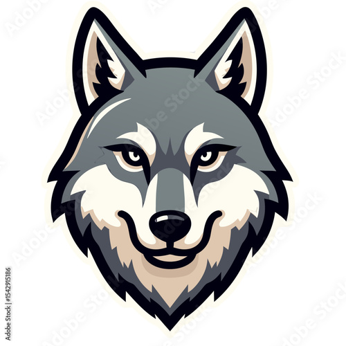 A detailed illustration of a smiling wolf head in an emblem style against a black backdrop