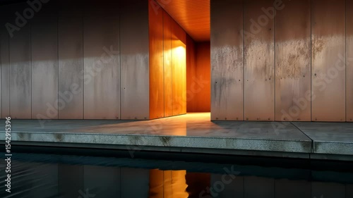 Modern architectural design with cantilevered concrete and metal structure over water under cloudy sky. Generated AI