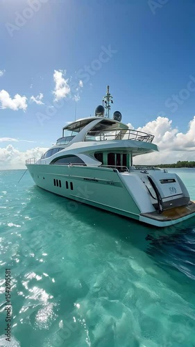 Sleek luxury yacht glides through calm turquoise waters, elegant lines gleaming under the sun as gentle waves ripple in its wake, reflecting the clear sky and distant coastline Dynamic Camera
