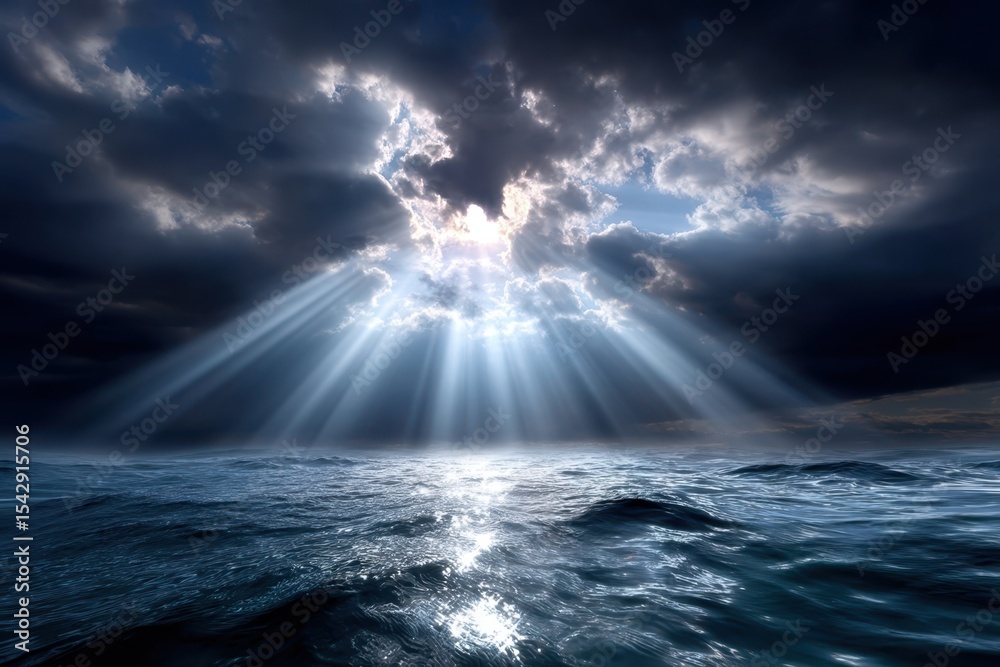 Fototapeta premium Rays of sunlight break through dark clouds over a tranquil ocean at midday