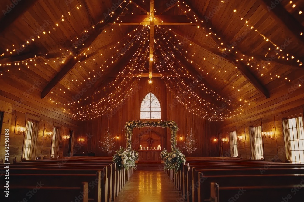 Obraz premium Indoor wedding celebration under enchanting string lights creating a romantic atmosphere, Indoor wedding with string lights to celebrate the wedding in a rustic setting, video