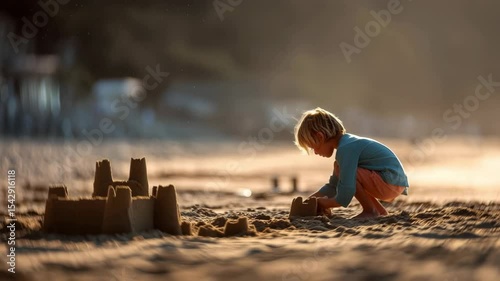 Golden sunlight illuminates young boy engrossed in building sandcastle on tropical beach. Palm trees swaying gently in the background as waves lap shore. Kid playing with sand. Sunrise shines.