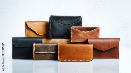 Assorted Leather Wallets Displayed On White Background