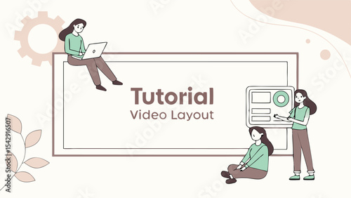 Illustration of a tutorial video layout with three women, a laptop, and a display screen design concept