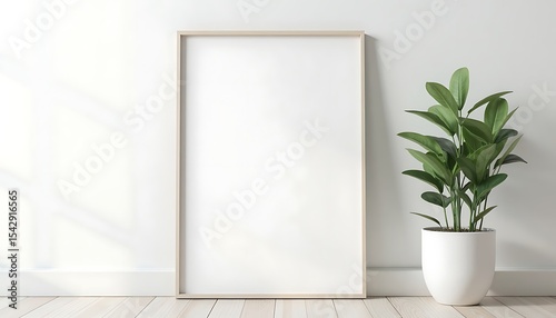 Blank Frame Mockup with Plant on White Floor for Art Display