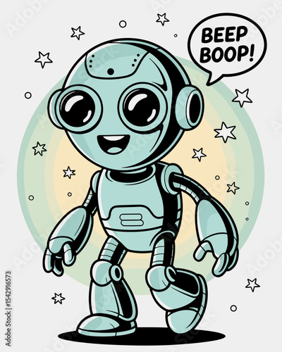 Cute Blue Green Cartoon Robot Saying Beep Boop with Stars – Vector Illustration