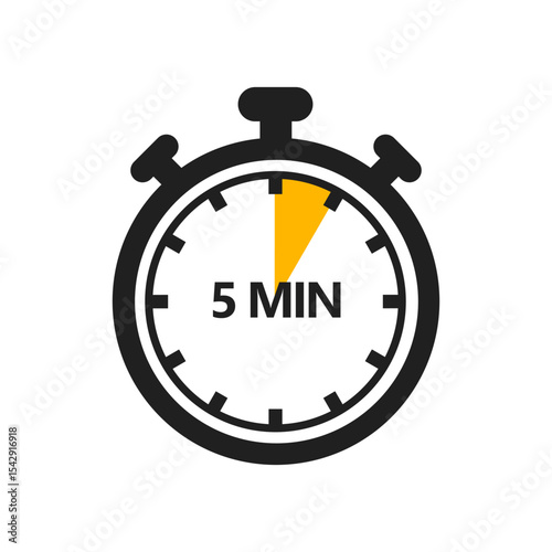 5 Minute Timer Icon in a Modern Flat Style. A Clock, Stopwatch, or Chronometer Displaying a Five Minute Mark. Ideal for Cooking Duration or Countdown Display