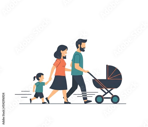 Happy family strolling outdoors parents child baby stroller joyful walk together