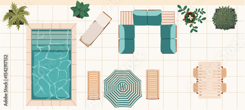 Vector illustration of top view swimming pool patio lounge with sun loungers, outdoor sofa, wooden dining table, chairs, and potted plants on tiled floor. Modern backyard design concept