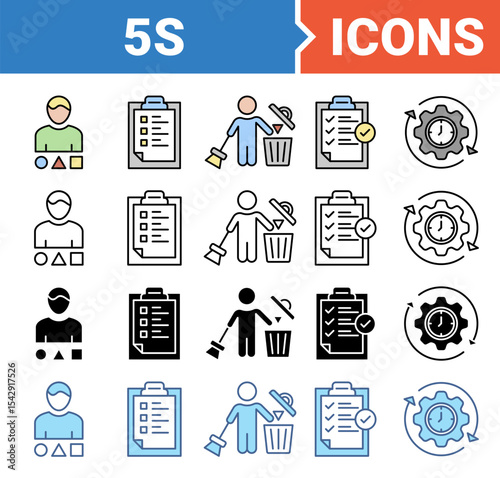 5s banner icon set with multiple style. Containing icon of sort, set in order, shine, standardize, and sustain icons vector illustration concept symbol collection.