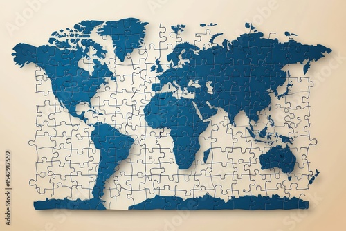 Puzzle world map visual, blue tone, flat design on neutral background