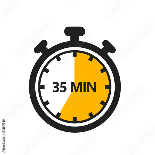 35 Minute Timer Icon in a Modern Flat Style. A Clock, Stopwatch, or Chronometer Displaying a Thirty Five Minute Mark. Ideal for Cooking Duration or Countdown Display