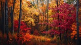 A winding forest path covered in golden autumn leaves, leading to a mysterious hidden cottage