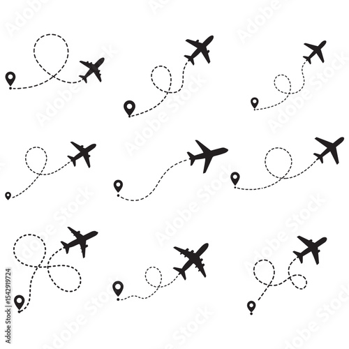 Line path vector icons of air plane flight routes with start point and 
dash line trace. Travel concept Dotted path airplane Aircraft tracking.
