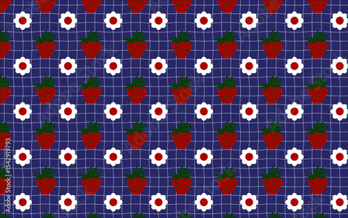 Sweet strawberry and daisy seamless pattern on a blue grid. Perfect for fabric, digital paper, stationery, and delightful product packaging