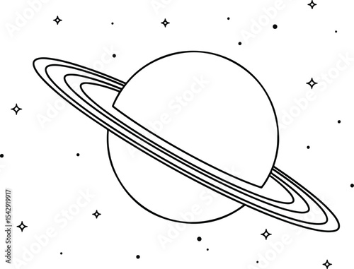 Flat planet Saturn icon with ring and stars. Minimal space concept in black vector line style on white background. Great for science prints. copy