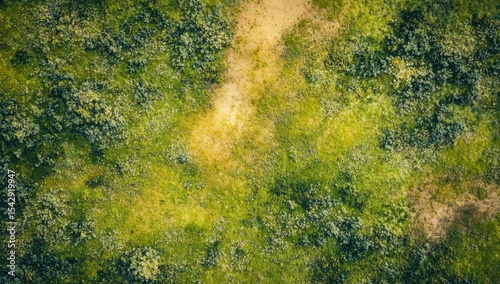 High-angle view of a grassy field with a light path