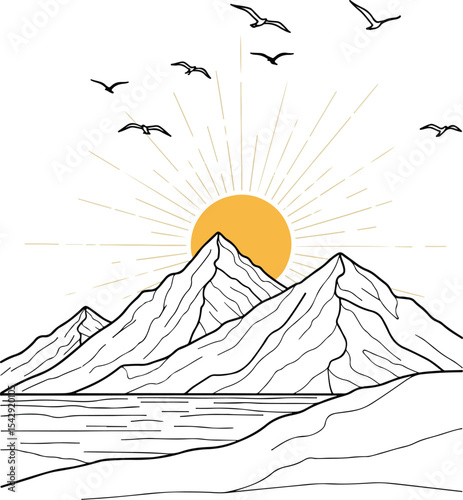 Simple mountain landscape with sun and birds in line-art style. Modern minimal travel design on white background for posters and prints.