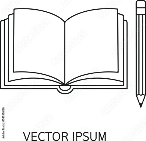  Outline-style book and pencil symbol. Education and learning concept in minimal clean vector style, white background