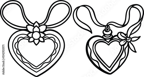 Two Heart Shaped Lockets with Ribbons and Flowers in Black and White