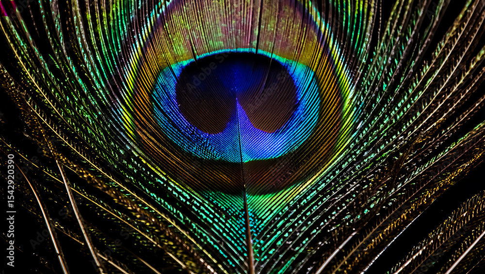 Fototapeta premium Vibrant Peacock Feather Close-up: Iridescent Colors and Intricate Details